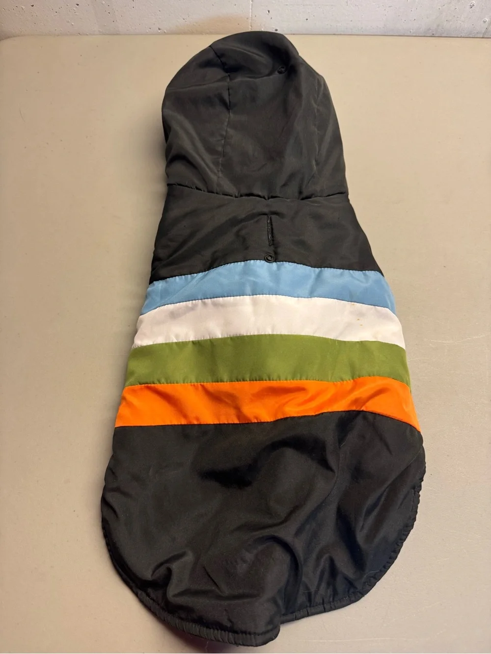 Striped Hooded Dog Coat - Black with Blue, White, Green & Orange Stripes
